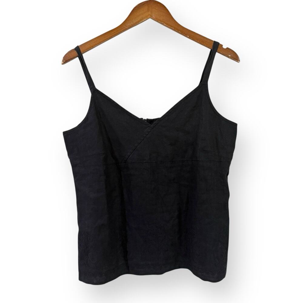 Vintage Old Navy Y2K Black 100% Linen Babydoll Tank Top Embroidered V-Neck Large